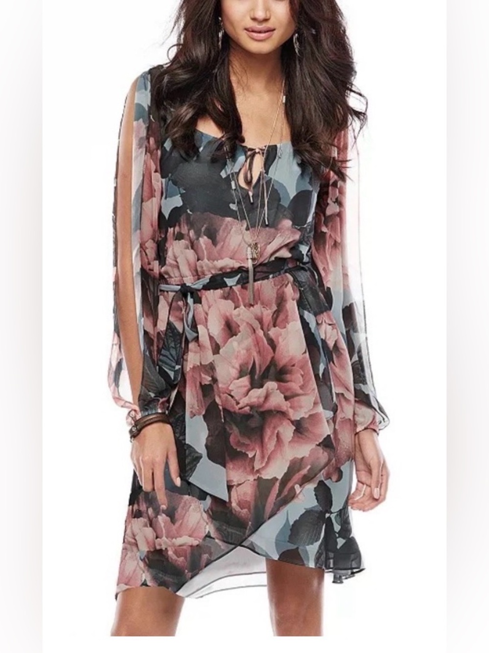 Jennifer Lopez Floral Long-Sleeve Tie-Waist Chiffon Dress in Blush and Slate